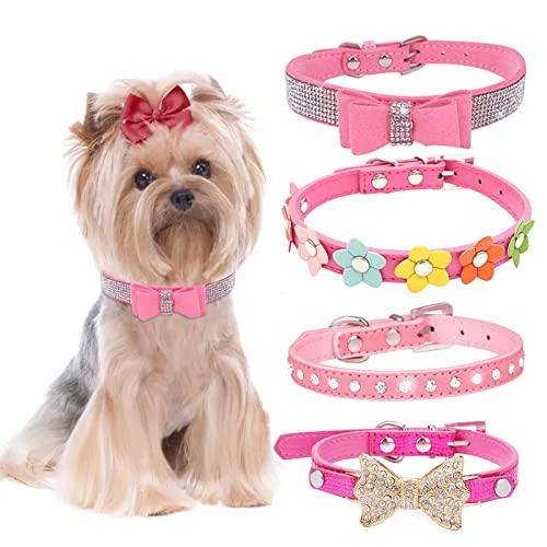 Small Dog Collars 4 Pack Bling Collar with Bells Teacup Chihuahua Collar Adjustable Chihuahua Collar Small Dog Collar Girl Miniaturel Dog Leather Necklace Rhinestone Dog Collar Neck 7.08 9.44in in Kuw...