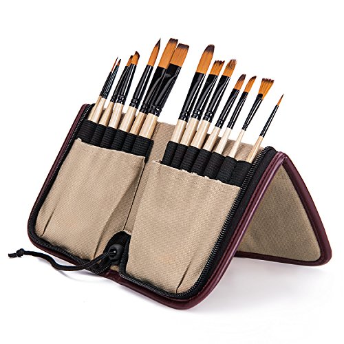 Paint Brushes-14 PCS Nylon Hair Brush for Oil,Acrylic&Watercolor Painting,Handy Carrying Case by Bianyo