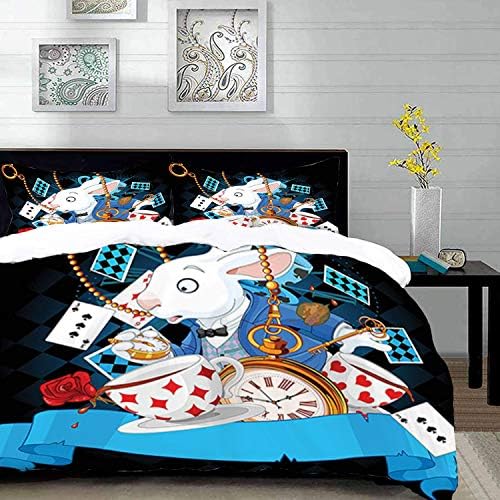 Duvet Cover Set,Black Alice in Wonderland ations Theme Image,Rabbit Amazing with Motion Cups Hearts Rose Flower Character Cartoon,King Size Decorative 3 Piece Bedding Set with 2 Pillow Shams,Blue Beig