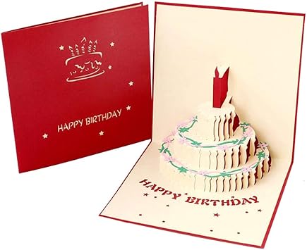 Amazon 誕生日カード ケーキ 立体カード バースデ グリーティングカード ポップアップカード メッセージカード 感謝 誕生日 お祝い 封筒付き 2色 レッド グリーティングカード 文房具 オフィス用品