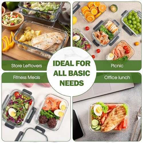 YASHE Glass Containers with Lids, 10 Pack Thick & Durable Food Containers - Stackable Airtight Glass Meal Prep Containers, BPA-Free Food Storage for Microwave, Oven, Freezer and Dishwasher