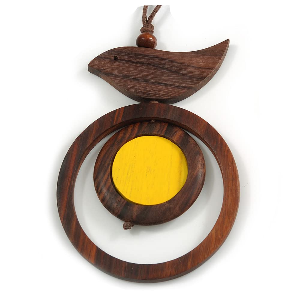 Avalaya Brown/Yellow Bird and Circle Wooden Pendant Cotton Cord Long Necklace - 84cm L/ 10cm Pendant