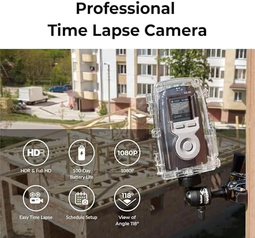 BCC300-C Timelapse Video Bundle - Cámara TLC300 1080P FHD y HDR, 118°FOV, Pantalla LCD IPS 1.44”, Carcasa IPX4, Abrazadera, Fácil de Usar en Obras de Construcción, Interiores y Exteriores