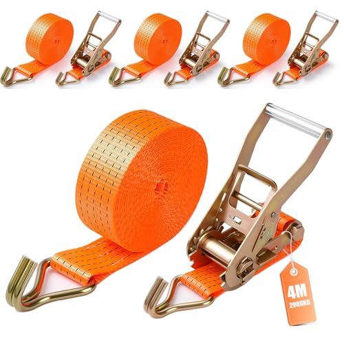 4 Sets of Tie Down Straps, 2000 kg Resistance, 4 m × 38 mm Towing Straps, Ratchet Strap with Hook, Tightening Straps with Ratchet Tensioner for Trailers, Motorcycles, Cars