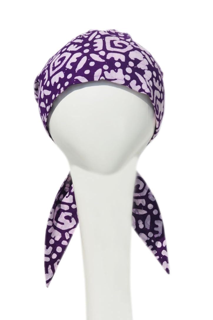 chemo scarves fitted cap with tails batiks play purple ( buy 1 get 1 sleep cap free )