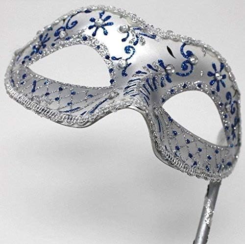 LADIES SPARKLING BLUE & SILVER VENETIAN MASQUERADE CARNIVAL PARTY EYE HAND HELD MASK ON A STICK WITH DIAMONTES - Image 4