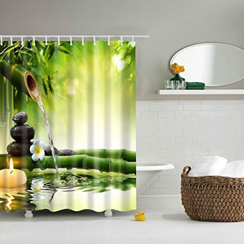 Fabric Shower Curtain Spa Decor by Comroll, Green Yellow Mildew Resistant Bathroom Zen Garden Theme Decor View for Bathroom Magical Japanese Design Relaxation Bamboos Candles-70W70L inch