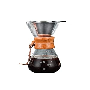 Pour Over Coffee Maker with Borosilicate Glass Carafe and Reusable Stainless Steel Permanent Filter Manual Coffee Dripper Brewer with Real Light Brown Wood Sleeve - 14 oz