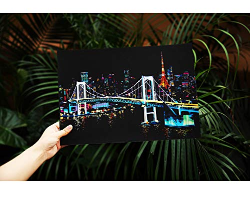 MUGIT Scratch & Sketch Art Paper(16"x 11.2") for Kids & Adults, Rainbow Painting Night View Scratchboard, Painting Gift, Craft Kits : 2 Sheets Scratch Cards & Drawing Pen, Clean Brush (Tokyo & Seoul) - Thumbnail 2