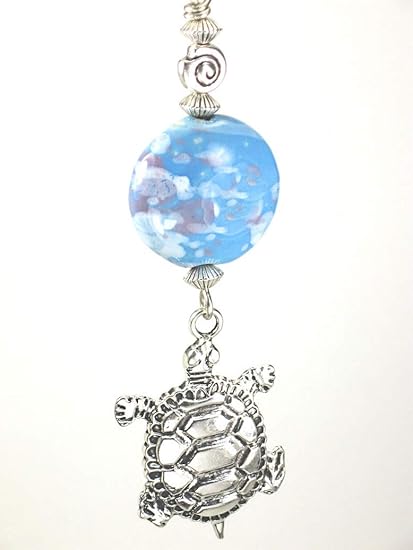 Silvery Turtle With Baby Blue Art Glass Ceiling Fan Pull Chain