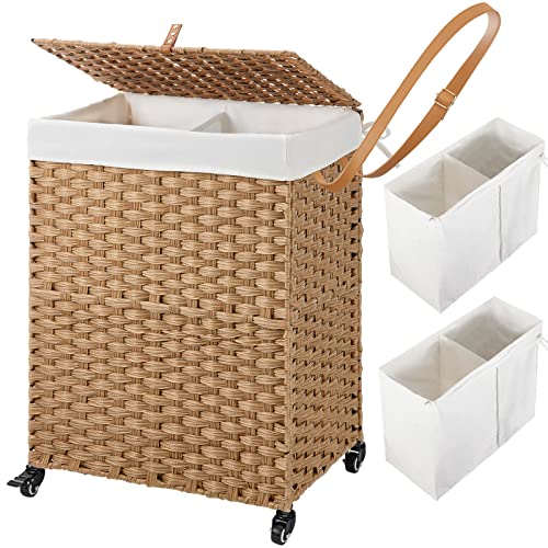 Greenstell Laundry Hamper with Wheels & 2 Removable Liner Bags, 90L