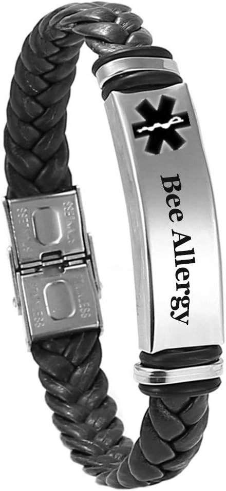 Free Custom Name ICE Engraved Medical Alert ID Leather Bracelet Allergy Awareness Alarm Bangle Emergency Aid Wristband for Women Men,Black,Brown