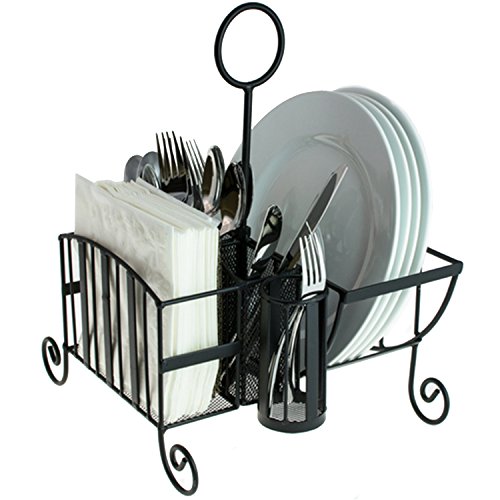 Black Metal Mesh Kitchen/Picnic Buffet Caddy Holder for Utensil, Plates, Napkins with Handle - Thumbnail 2
