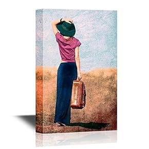Redhead Girl with Suitcase at Countryside Road Near Wheat Field