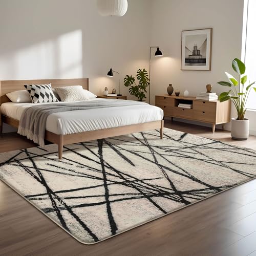 Leesentec Bohemian Artistic Vintage Oriental Living Room Rug, Soft Plush Surface, Vinyl Non-Slip Base, Unique for Living Room, Bedroom, Home Entrance Doormat (Beige/Black Stripes, 160 x 200 cm)