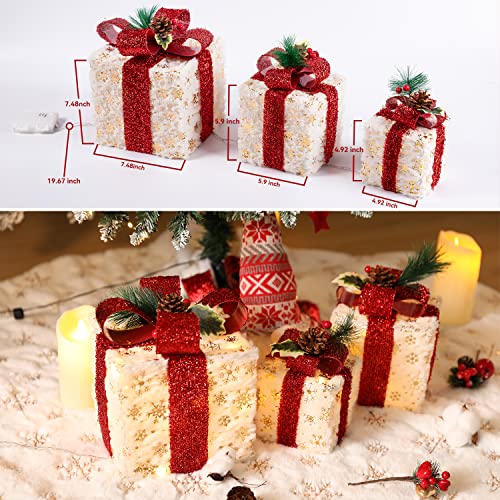 Set Of 3 Christmas Lighted Gift Boxes Indoor Decorations, Plush Fabric