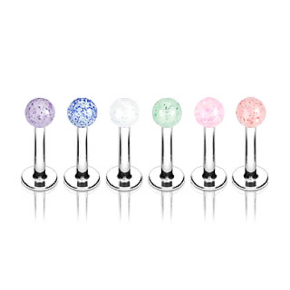 PiercedOff Multipack of 6 Labret Bars with UV Glitter Coloured Balls - Thickness 16Ga (1.2mm) / Length 8mm / Ball Size 3mm