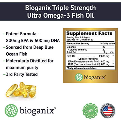 Omega 3 Fish Oil Supplement | Non-GMO, Made in The USA | EPA 800 + DHA 600 + Vitamin E | Pharmaceutical Grade Natural Fatty Acids | Deep Blue Ocean Fish | Liquid Fish Oil Capsules | 120 Caps 2000 mg