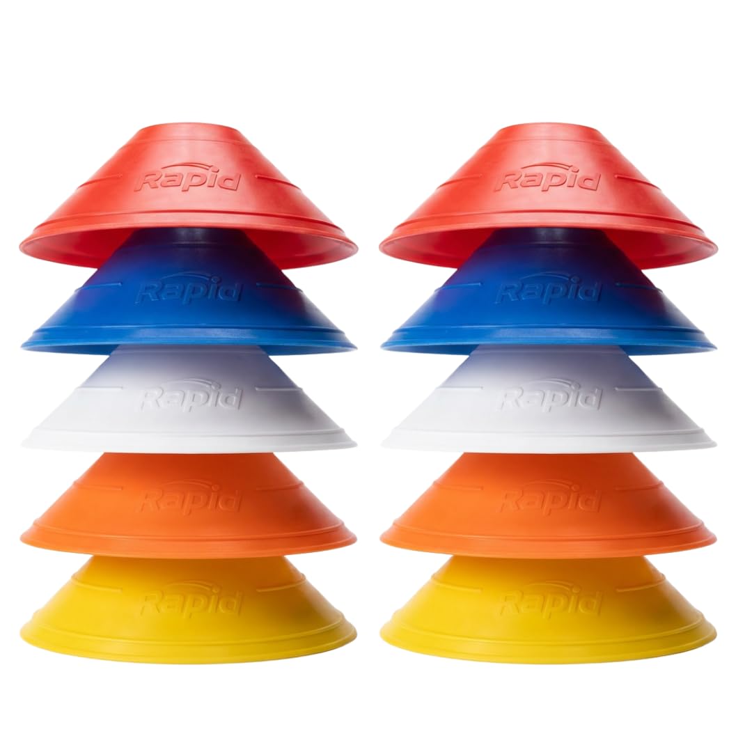 RAPID Football Training Cones Set - Saucer Disc Markers for Fitness, Rugby, Hockey & Agility Training - 10 Cone Pack - Multi-Colour Sport Cones - 2 Red, 2 Blue, 2 White, 2 Orange & 2 Yellow Colour