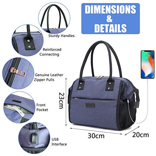 Oxford Lunch Bag Insulated Wide-Open Large Tote USB Charge Port Durable Organizer for Women Men Adult College Work Picnic Hiking Beach Fishing Reusable Cooler Bags Ladies Container (Blue)