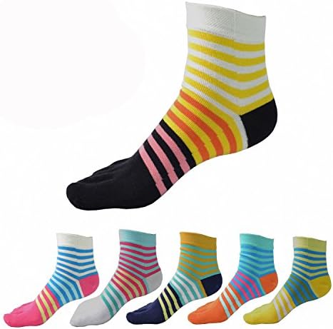 6 Pack Women Cotton Stripe Crew Five Fingers Athletic Running Toe Socks