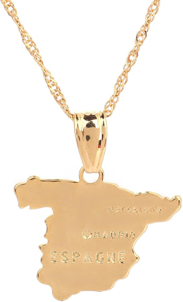 24K Gold Plated Spain Map Pendant Necklace Chain ESPAGNE