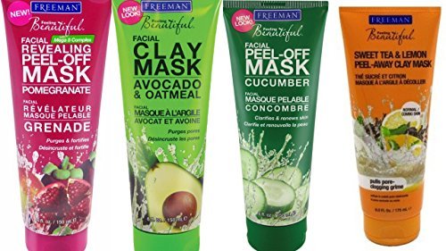 Freeman Facial Mask Bundle, 6 fl oz (Pack of 4) includes 1-Tube Sweet Tea & Lemon Peel-Away Clay Mask, Cucumber Facial Peel-off Mask, Avocado & Oatmeal Facial Clay Mask, Pomegranate Facial Mask