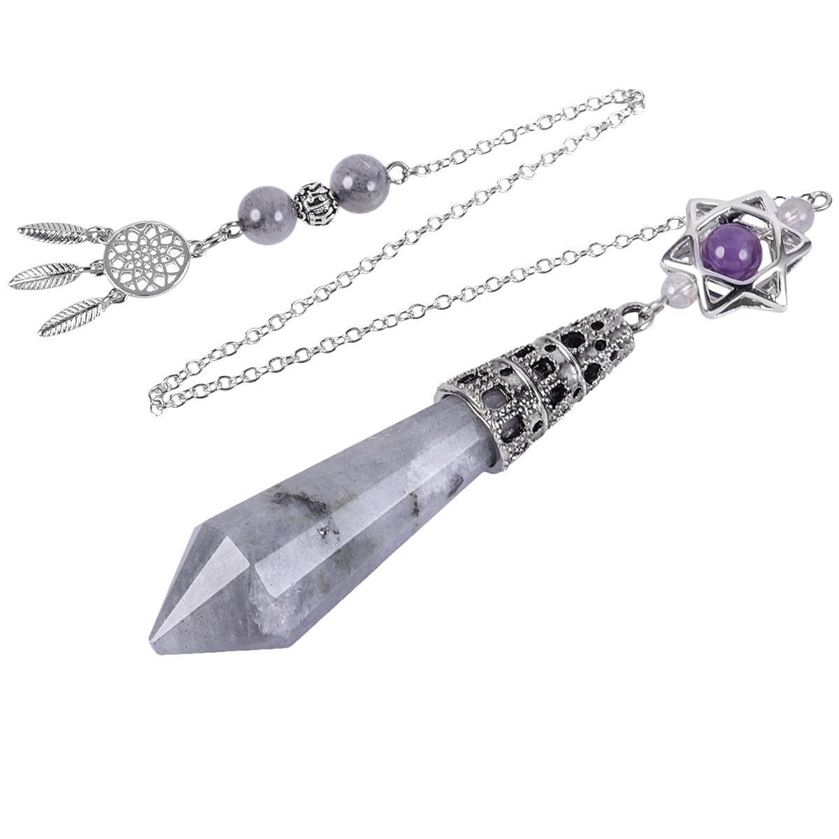 mookaitedecor Natural Labradorite Crystal Divination Dowsing Pendulum Faceted Crystal Point Pendulum with Merkaba Star Dream Catcher Reiki Healing Crystal Witchcraft Wiccan Supplies Decor Gift