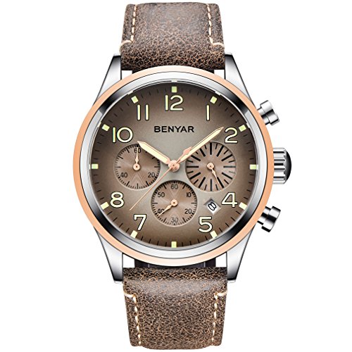 BENYAR Waterproof Watches Luminous Numerals Casual Leather Band Strap Men Wrist Watch with Date (Brown)