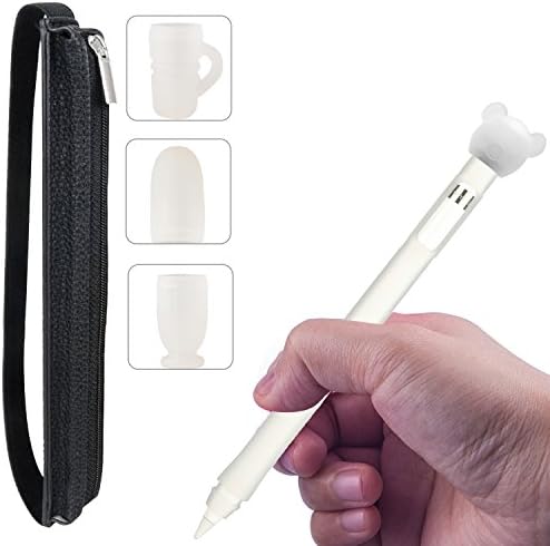 Ocathnon Case for Apple Pencil, Silicone Sleeve Holder Grip with 1 Mini Bear Cap, 3 Cartoon Protective Covers, Zippered Leather Case with Strap Compatible for iPad Pro 9.7 10.5 12.9 - Clear