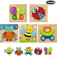 HZONE Wooden Jigsaw Puzzles for Toddlers 1 2 3 Years Old, (5 Pack) Early Educational Toys Gift for Boys and Girls with 5 Animals Patterns, Bright Vibrant Color Shapes