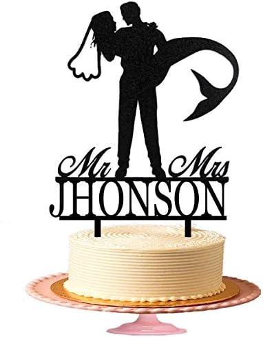 Personalised Wedding Acrylic Cake Topper - Mr and Mrs Surname -Groom holds her Mermaid Bride - Acrylic Cake Topper - black