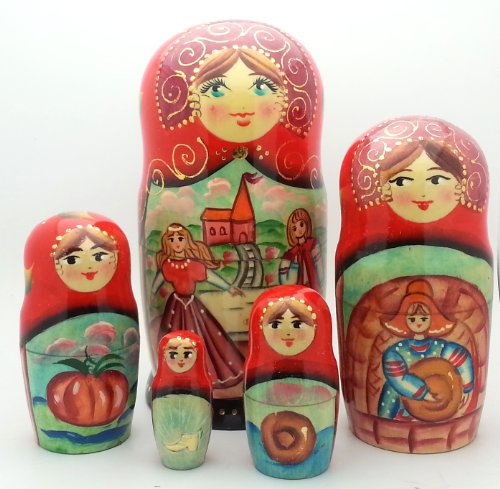 Nesting dolls Russian Hand Carved Hand Painted 5 piece DOLL Set Cinderella fairy tale