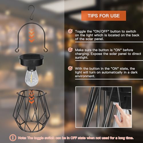Ketom Pack of 2 Solar Lights for Outdoor Hanging Solar Lantern for Outdoor Standing Metal IP65 Waterproof Solar Pendant Lamp Outdoor Vintage with LED Bulb and Hook, Diamond, Black, for Outdoor Lawn