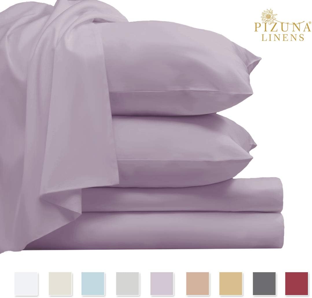 Pizuna 800 Thread Count Cotton King Sheets Set Lavender, 100% Long Staple Cotton Smooth Sateen Bed Sheets, Thick Sheets fit Upto 15 inch Deep Pockets (Lilac King 100% Cotton Sheet Set)