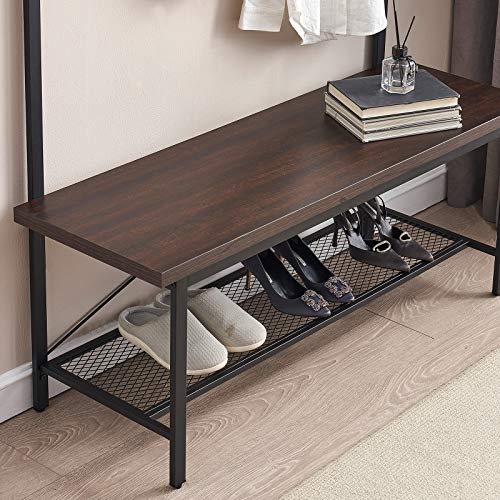 FELLYTN Small Hall Tree with Shoes Storage, Wood and Metal Coat Rack