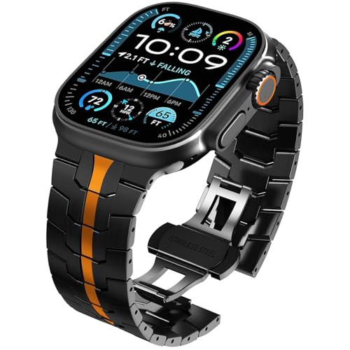 WINGLE 49mm 46mm 45mm 44mm 42mm(series 3) for Apple Watch Straps,Men Stainless Steel Strap Metal Replacement Band for iWatch Ultra 2/Ultra,Series 10/9/8/7/6/5/4/3/2/1/SE, Black/Orange