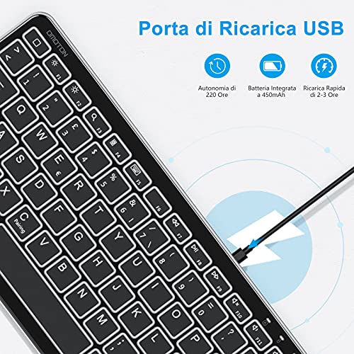 OMOTON Tastiera Bluetooth Compatibile con iPad ed iPhone, Tastiera Mini Portatile con Retroilluminazione, Ricaricabile e Retroilluminata, Luce Regolabile, Nera