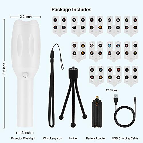 Light Projector Portable Childrens Night Light Toy 12 Patterns Xmas Halloween Birthday Handheld Flashlight Projector with Tripod for Outdoor Indoor (White)