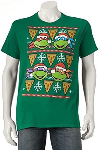 Men's Ugly Funny Christmas Sweater Holiday Novelty T-Shirt (Various Styles) (XXL, Teenage Mutant Ninja Turtles Pizza Christmas)