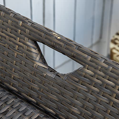 Outsunny 2-in-1 Patio Wicker Storage Bench, 29 Gallon Outdoor PE Rattan Patio Furniture, Large Capacity Rectangle Basket Box with Handles and Cushion, Cream White