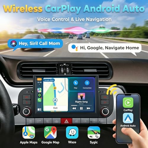 Car Radio with Linux System and 7 Inch IPS Screen Compatible with Fiat Panda (2013-2020) | CarPlay & Android Wireless Car Integrated | Supports AM/FM/RDS | With DSP/USB/Bluetooth/Microphone