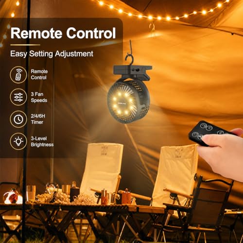 GOBRILLFUN 6 Inch 12000mAh Clip Fan Battery with Remote Control, USB Rechargeable with LED Lights, 3 Speed, Battery Fan with Timer
