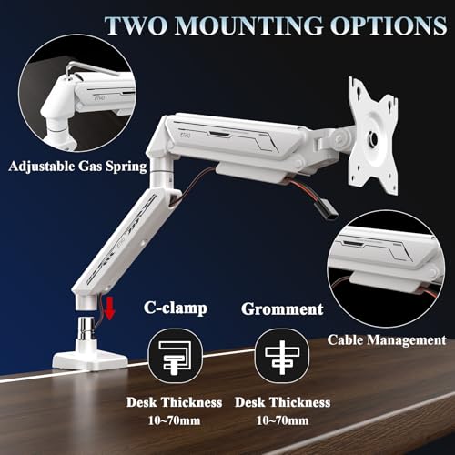 ETHU Single Monitor Arm, Adjustable Gas Spring Monitor Stand for 13-32 inch Monitor up to 9kg, Full Motion Computer Monitor Mount, LED/LCD Display Arm with VESA Pattern 75x75/100x100 Single Arm White
