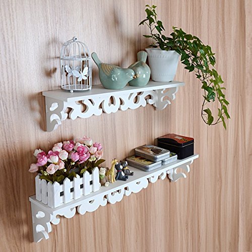 Yosoo 2Pcs Wooden Hollow Wall Hanging Shelves Chic Filigree Style Wall Mounted Display Shelf Bookshelf Candle Shelf Home Decoration Storage Rack White(M+S)