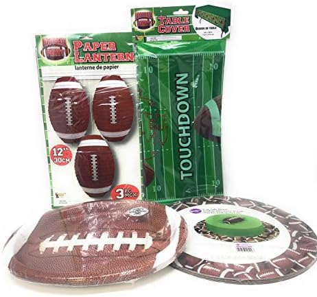 Football Themed Party Decoration Bundle: Table Cloth, Paper Lanterns, Cake Boards, and Paper Platters
