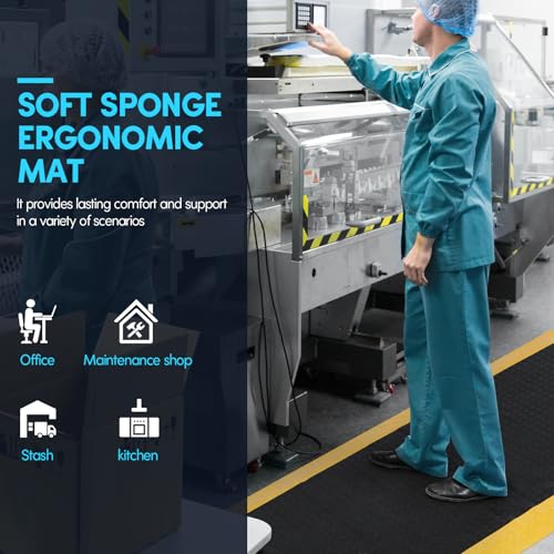 GOOFCXO 3ft x 5ft Anti Fatigue Mat, 15/16" Thick Industrial Grade Anti-Fatigue Floor Mat, Heavy Duty Diamond Plate Ergonomic Standing Mat for Kitchen Office Gym, Black with Yellow Border