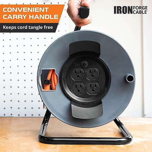 Iron 50 Ft Extension Cord Reel with 4 Electrical Power Outlets