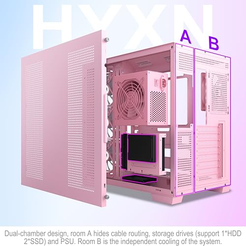 Hyxn H1 Atx Pc Case-Pre-Installed 7 Pwm Argb Fans, Dual Chamber Mid-Tower Gaming Pc Case, With Type-C, Simultaneous Installation Of 2X 360Mm Radiators, Black (Pink, H1) - View 11