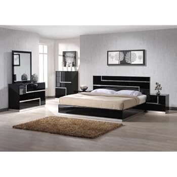 J M Furniture Lucca Black Lacquer With Crystal Accents Queen Size Bedroom Set
